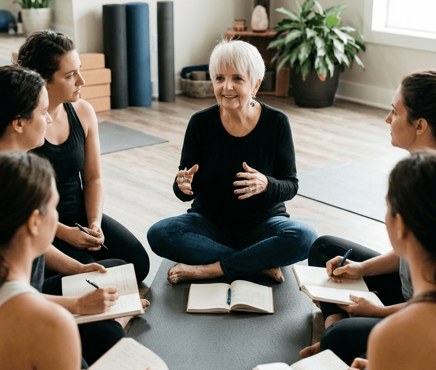 Nancy sitting with a yoga group